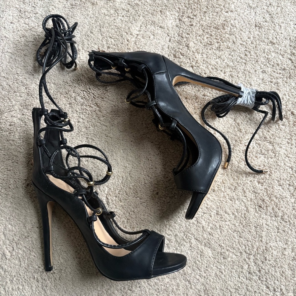 Shoe Dazzle Black Lace-Up Strappy Heel with Gold Bead Accents